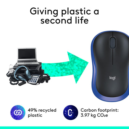 Logitech M185 Compact Ambidextrous Wireless Mouse with Rubber Grips - Blue
