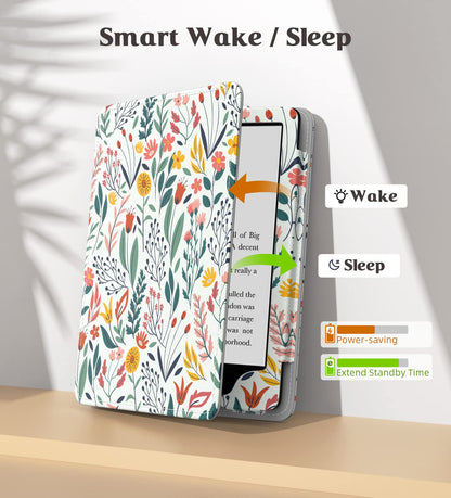 MoKo Case for 7"/6.8" Kindle Paperwhite(12th/11th Generation-2024/2021) and Kindle Colorsoft Signature Edition, Slim PU Shell Cover Case with Auto-Wake/Sleep for Kindle Paperwhite 2024, Flowers