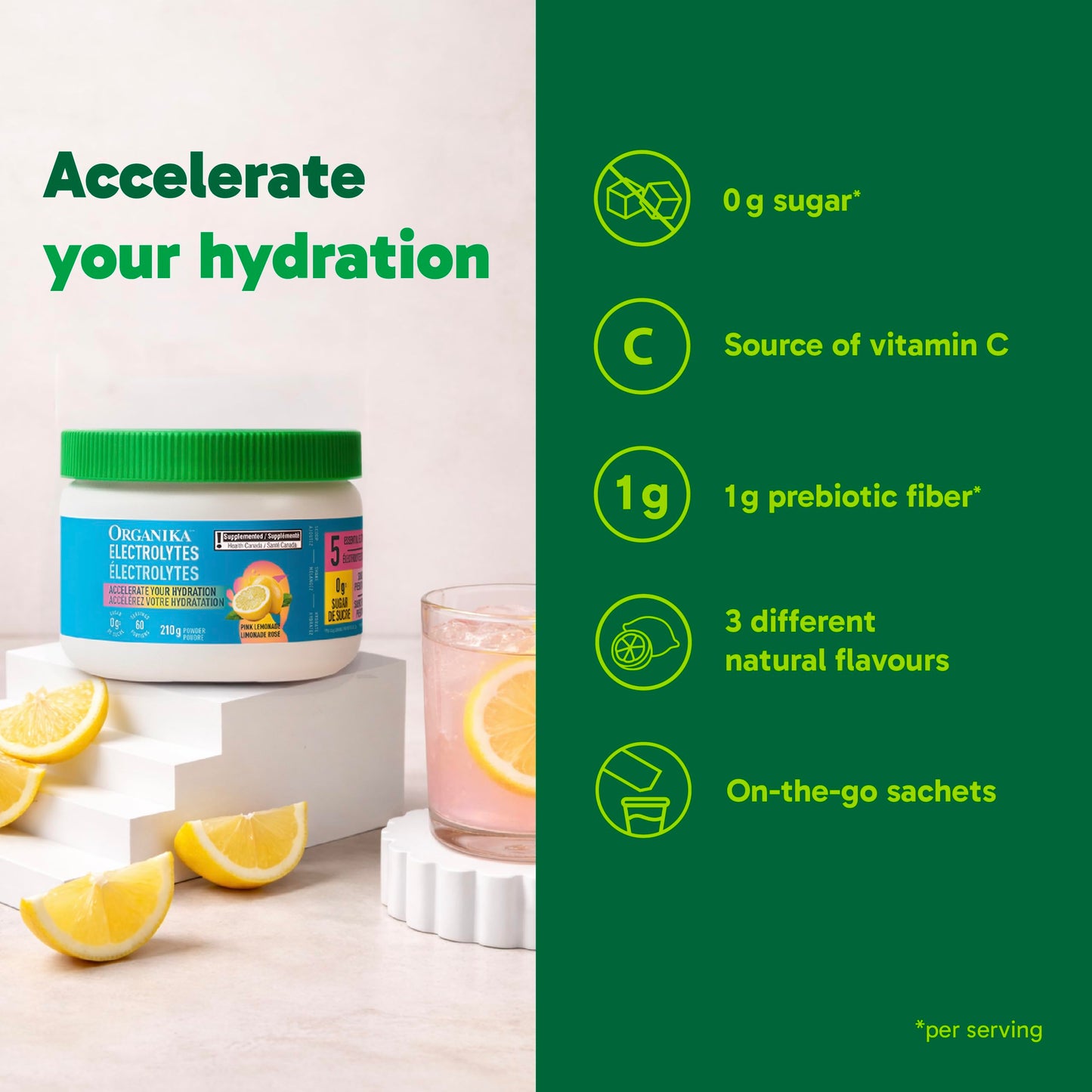 Organika Canadian-Made Electrolytes Powder with Vitamin C & Prebiotic Fibre - Sugar-Free Hydration Drink Mix - Pink Lemonade - 210 g - 60 servings