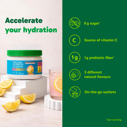 Organika Canadian-Made Electrolytes Powder with Vitamin C & Prebiotic Fibre - Sugar-Free Hydration Drink Mix - Pink Lemonade - 210 g - 60 servings