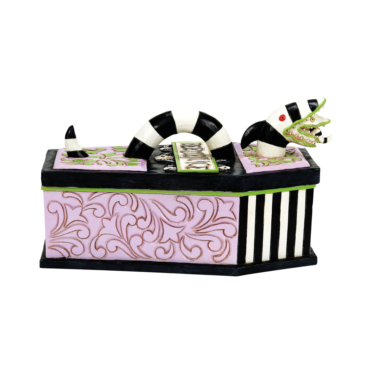 Enesco Beetlejuice by Jim Shore Coffin The Ghost with The Most Trinket Box- Resin Hand Painted Crafted Collectible Beetlejuice Sand Worm Striped Jewelry Box Halloween Home Decor Statue, 3.15 Inch
