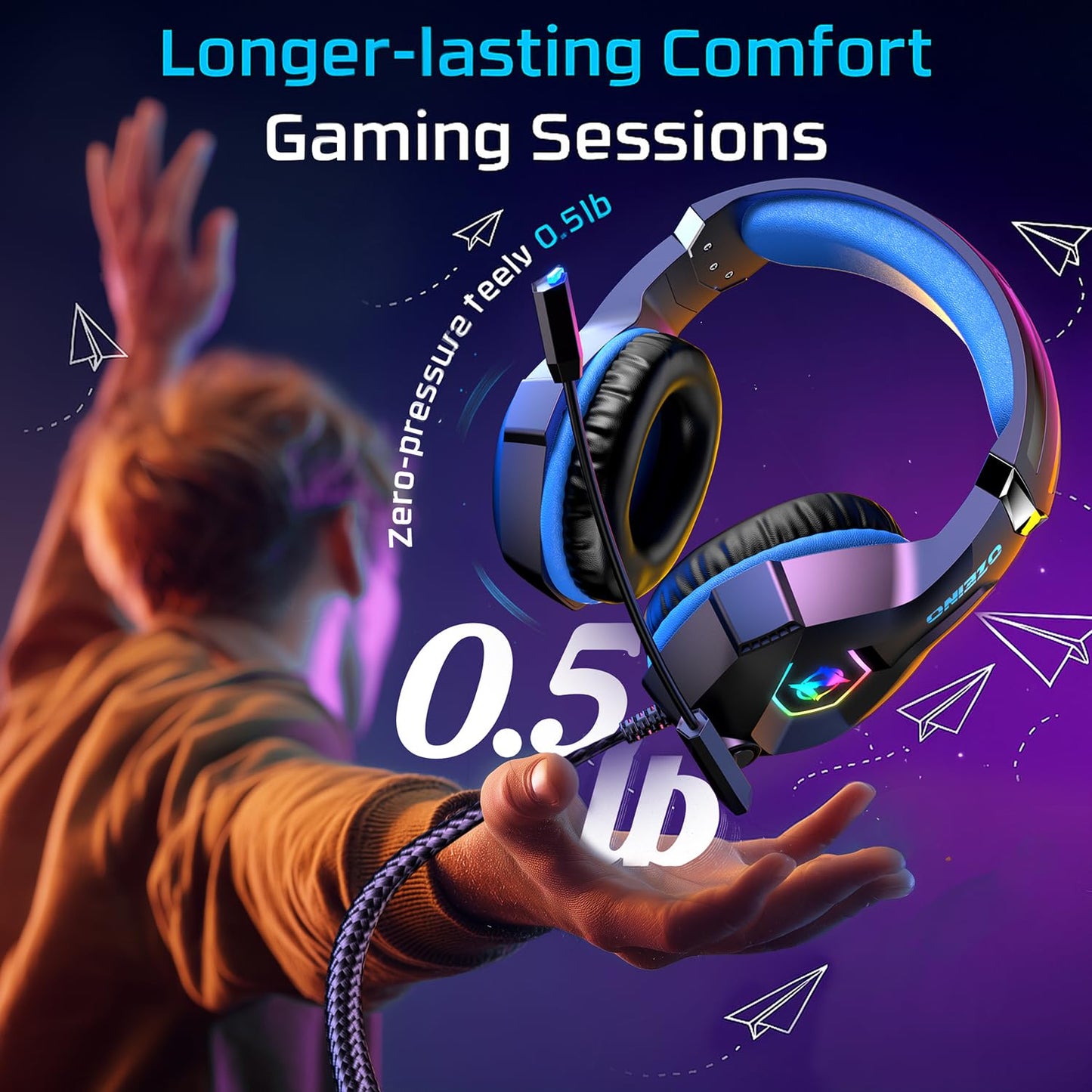 Ozeino Gaming Headset for Ps5 Ps4 PC, Over Ear Gaming Headphones with Noise Cancelling Microphone RGB Light, Deep Bass Stereo Sound Headset for Xbox Series X/S, Switch, Laptop, Mac, Phone