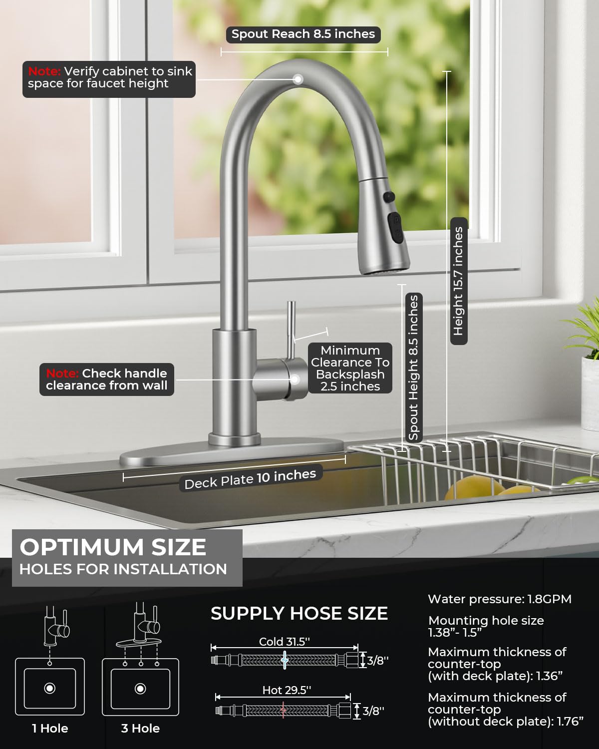 WEWE Pull-Down Kitchen Faucet with Sprayer 3 Modes, High Arc Stainless Steel with Brushed Nickel Finish, for 1 or 3 Hole Kitchen Sinks for Pot Filler, Farmhouse Bar Laundry