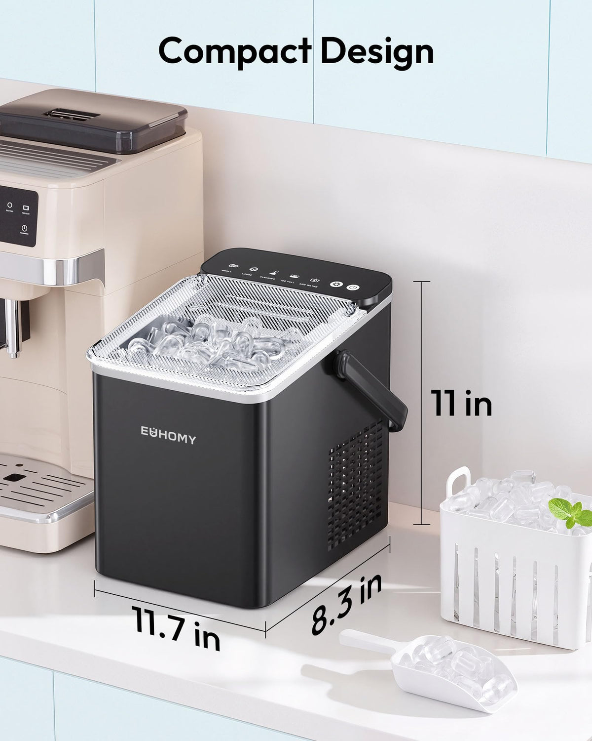 EUHOMY Countertop Ice Maker, 9 Cubes in 6 Min, Auto-Cleaning, Black