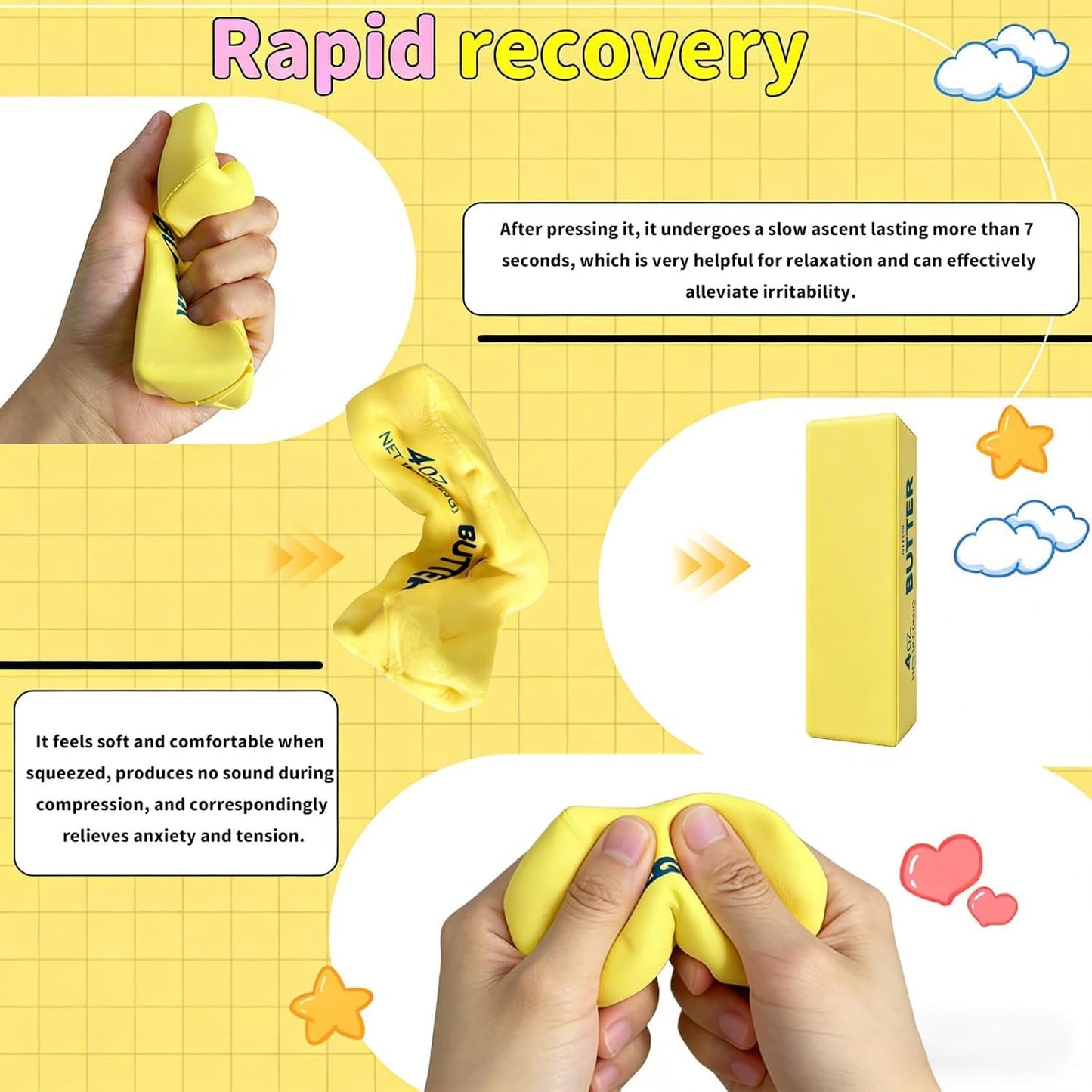 2Pcs Cute Butter Stress Balls,Slow Rebound Realistic Soft Butter Stick Fidget,Slow Rising Portable for Adults Anxiety & Stress Relief (Yellow) - Available at All In One Marketplace Canada