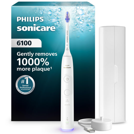 Philips Sonicare 6100 Series Electric Toothbrush - Next-Generation Sonicare Technology, Pressure Sensor, 6 Brushing Settings, SmarTimer, BrushPacer, 21-day Runtime, Travel Case, White, Model HX7400/05 - Available at All In One Marketplace Canada