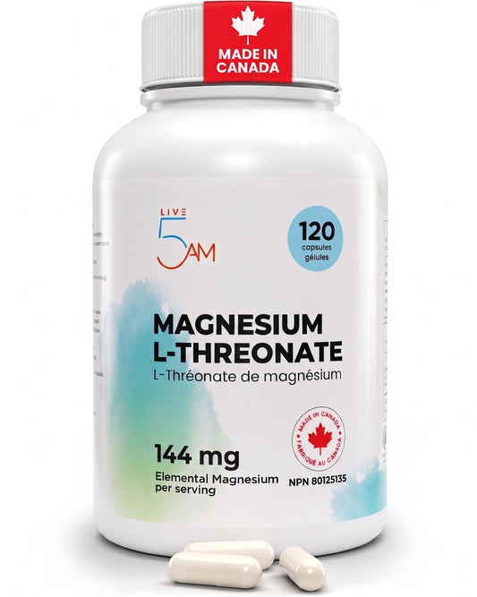 Live 5AM Magnesium L-Threonate | 144 mg Elemental Magnesium per 3 Capsules, Helps in Energy Metabolism, Bone and Teeth Maintenance, Muscle Function and Electrolyte Balance, 120 Vegan Capsules, Made in Canada - Available at All In One Marketplace Canada