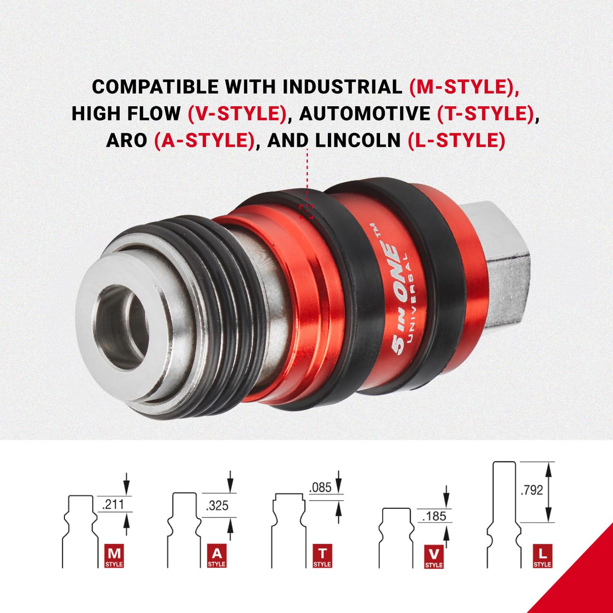 Milton Industries 1750 5 in ONE Universal Safety Exhaust Quick-Connect Industrial Coupler, 1/4" FNPT -Box of 5 , Red