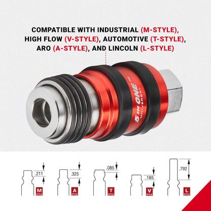Milton Industries 1750 5 in ONE Universal Safety Exhaust Quick-Connect Industrial Coupler, 1/4" FNPT -Box of 5 , Red