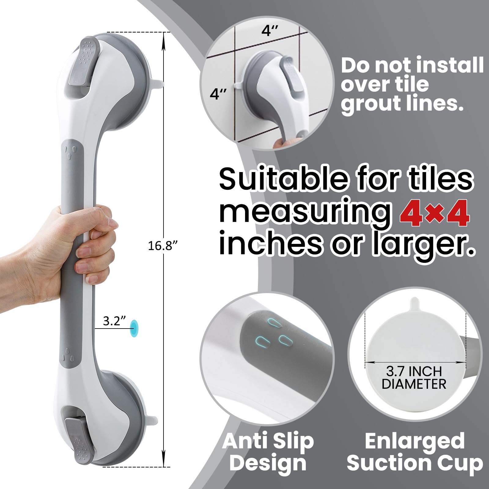TAILI Shower Suction Cup Grab Bar Bathtubs Handrails for Seniors Elderly, No Drilling Waterproof, Grey, 2 Pack, 16 Inch - Available at All In One Marketplace Canada