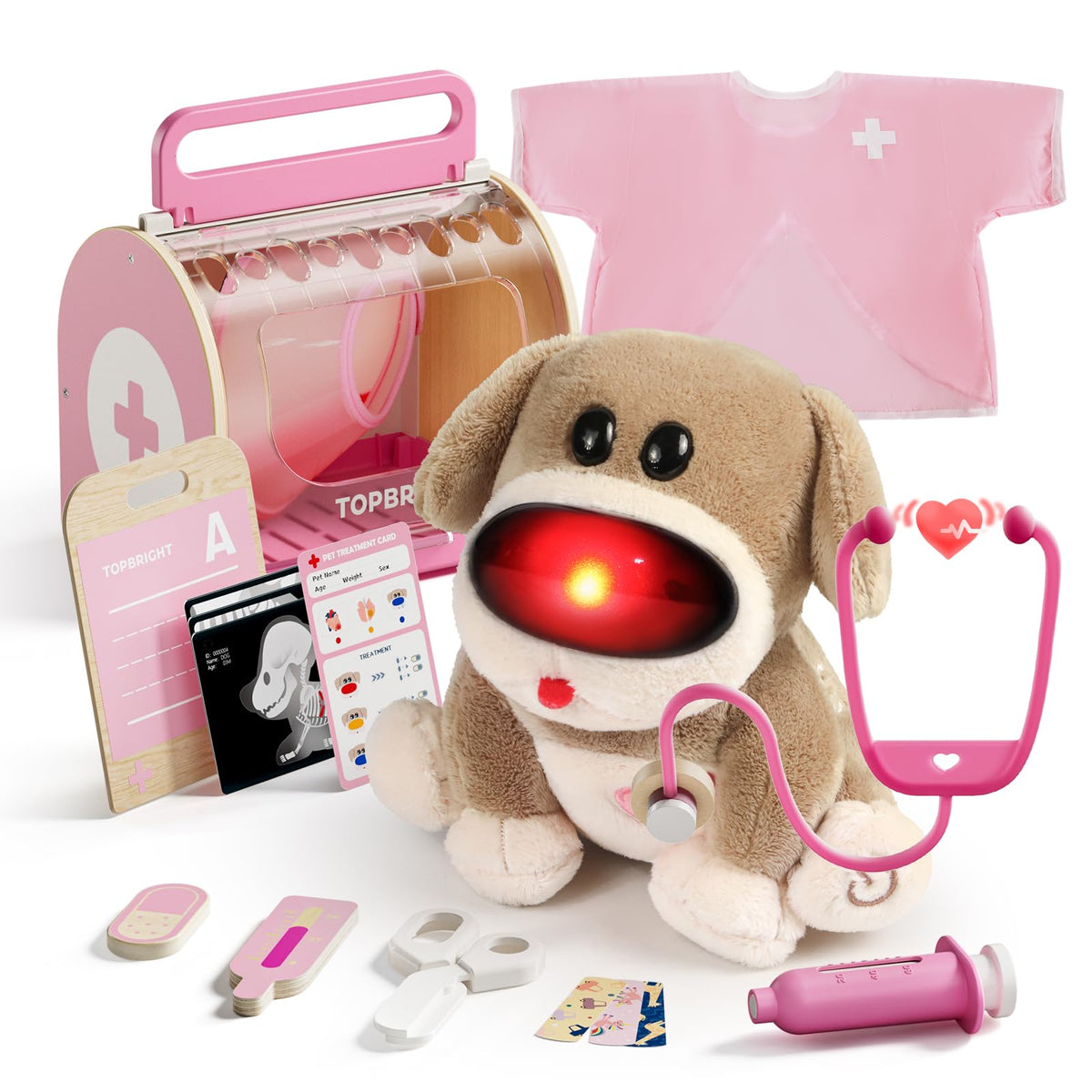 Top Bright Doctor Kit Kids – Pretend Play Toddler Toys with Pink Doctor Costume & Plush Dog, Wooden Kids Doctors Play Set with Stethoscope, Christmas Birthday Gifts for 3+ Year Old Girls 🍁 All In One Marketplace Canada