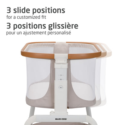 Maxi-Cosi Iora Bedside Bassinet , infant bedside sleeper crib, 4 height positions, portable & folds flat, large storage basket, includes travel bag, Horizon Sand Maxi-Cosi