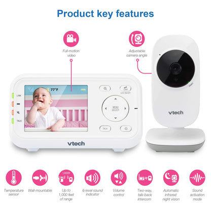 VTech VM3252-2 Digital Video Baby Monitor with 2.8" LCD 2 Cameras and Automatic Night Vision, 1 Count, White VTech