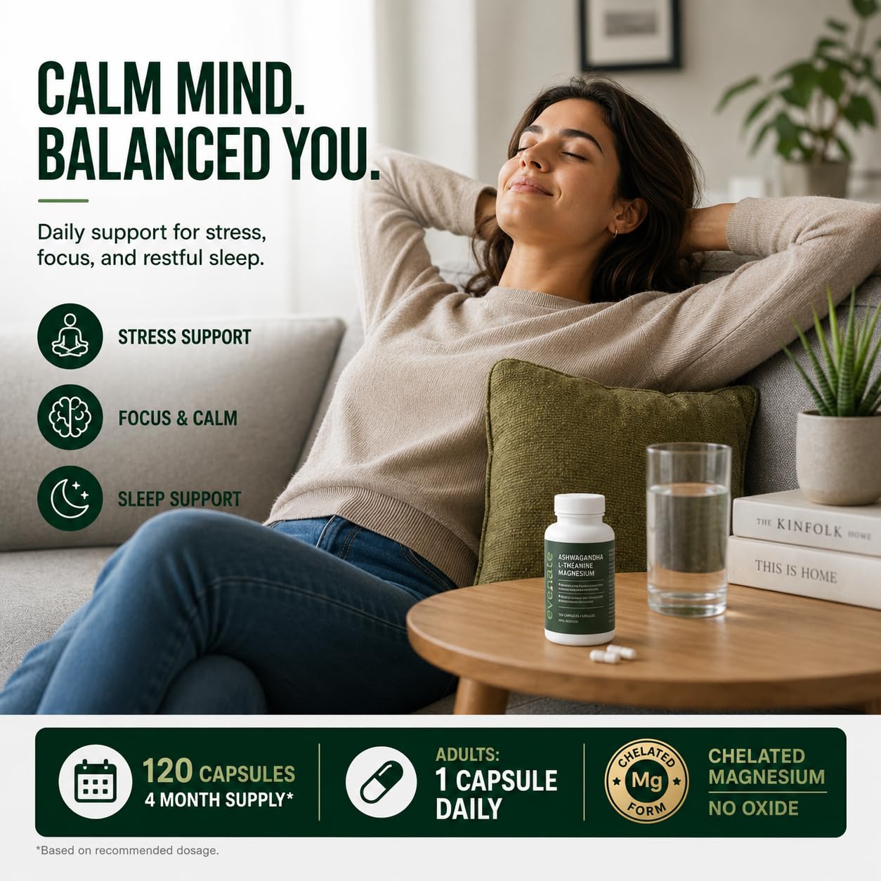 ALL-IN-ONE Ashwagandha 6000mg with L-Theanine 200mg & Magnesium Bisglycinate Chelated – Stress, Sleep, Mood, Calm & Relaxation Support – Non-GMO Vegan – 120 Capsules, 4 Month Supply – 1 Capsule Daily – Made in Canada - Available at All In One Marketplace Canada
