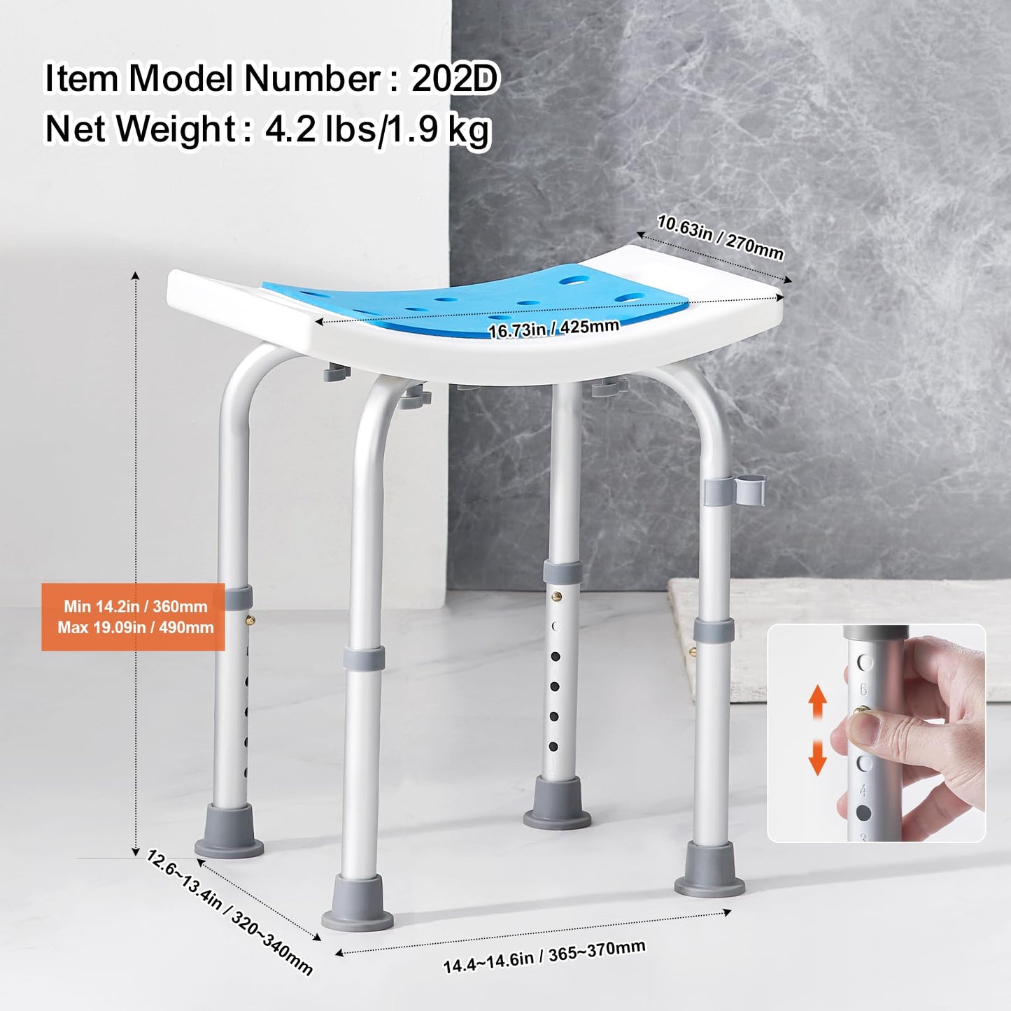 VEVOR Shower Chair, Adjustable Height Shower Stool, Shower Seat for Inside Shower or Tub, Non-Slip Bench Bathtub Stool Seat for Elderly Disabled Handicap, 350 LBS Capacity VEVOR