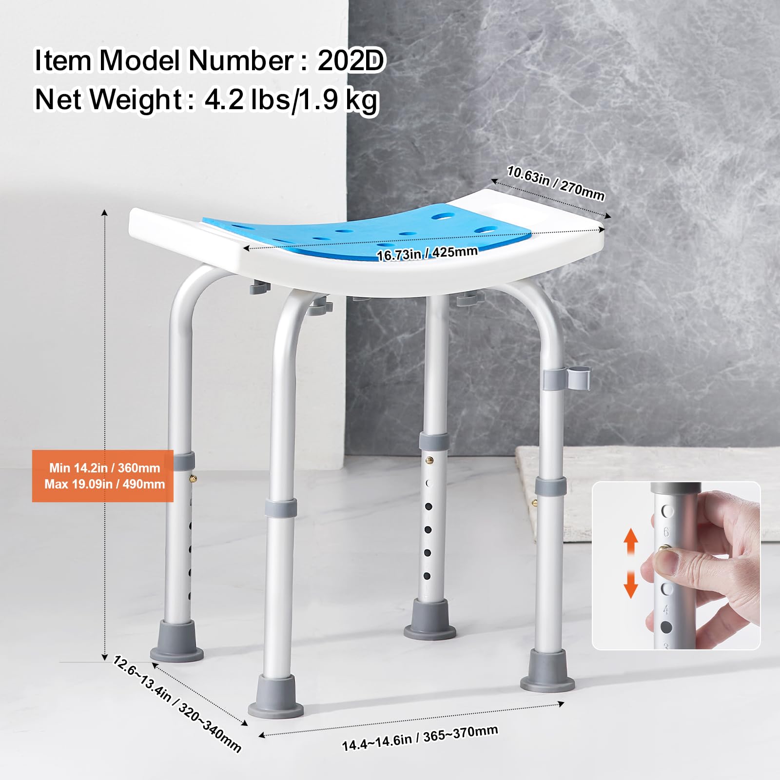 VEVOR Shower Chair, Adjustable Height Shower Stool, Shower Seat for Inside Shower or Tub, Non-Slip Bench Bathtub Stool Seat for Elderly Disabled Handicap, 350 LBS Capacity VEVOR