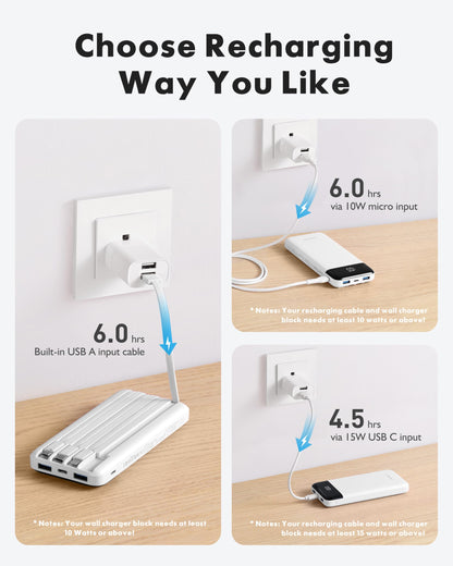 Charmast Portable Charger with Built in Cables, Power Bank with Cords Wires, Slim 10000mAh Travel Battery Pack 6 Outputs 3 Inputs 3A Fast Charging for Samsung Google Pixel LG Moto iPhone iPad - Available at All In One Marketplace Canada
