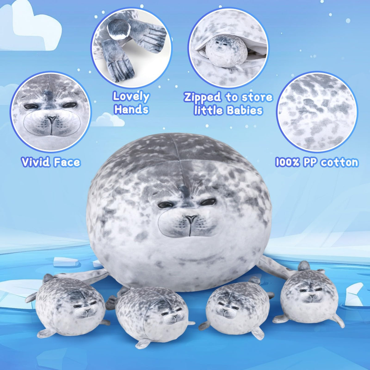 Chubby Seal Pillow Plush with 4 Baby Seal Plushies in Her Tummy 🍁 All In One Marketplace Canada