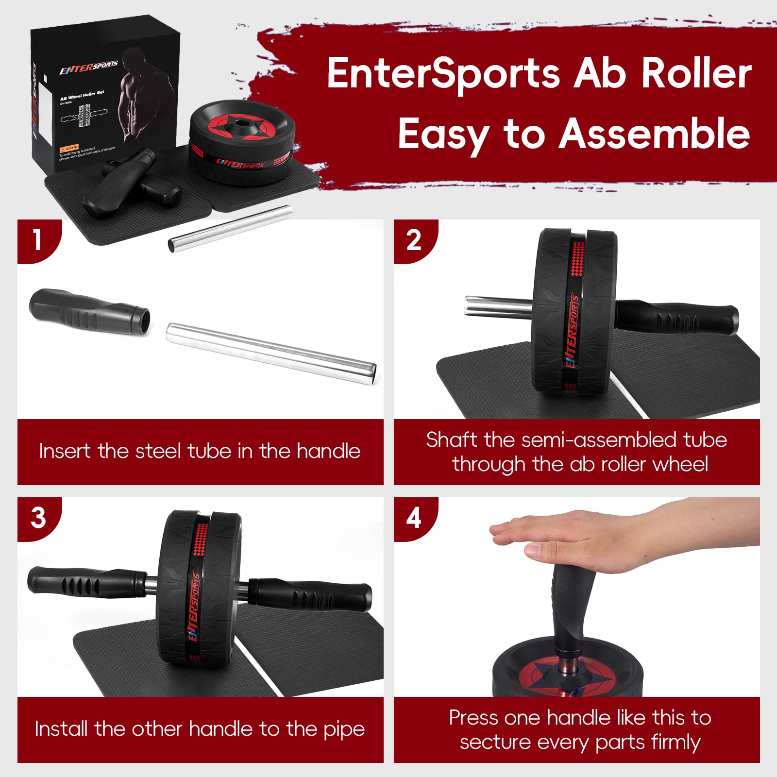 EnterSports Ab Roller Wheel for Abs Workout - Abdominal Exercise Equipment with 2 Knee Pads for Home Gym, Core Strength Training, Fitness Equipment for Men & Women (Red)