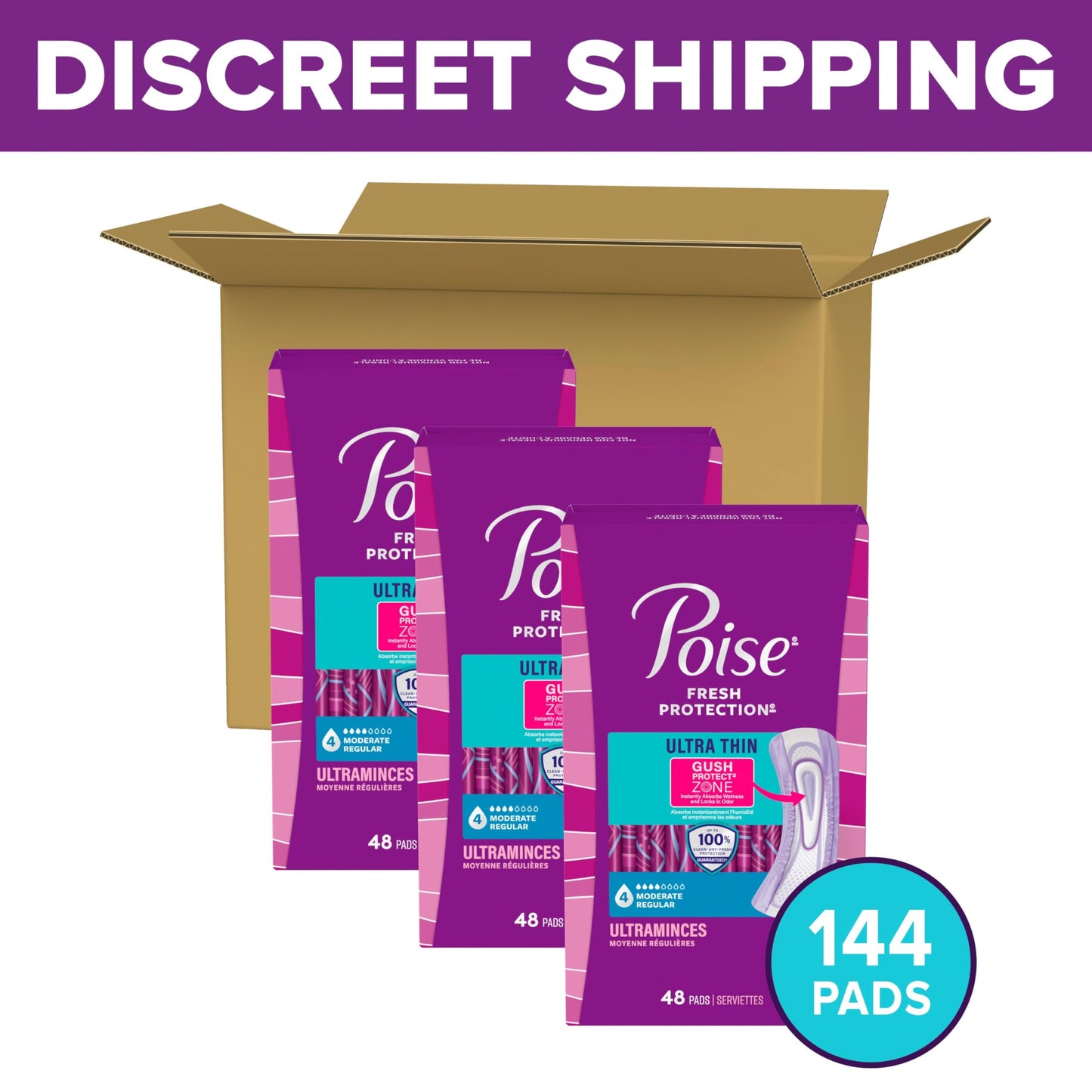 Poise Ultra Thin Incontinence Pads & Postpartum Incontinence Pads, 4 Drop Moderate Absorbency, Regular Length, 144 Count (3 Packs of 48) 🍁 All In One Marketplace Canada