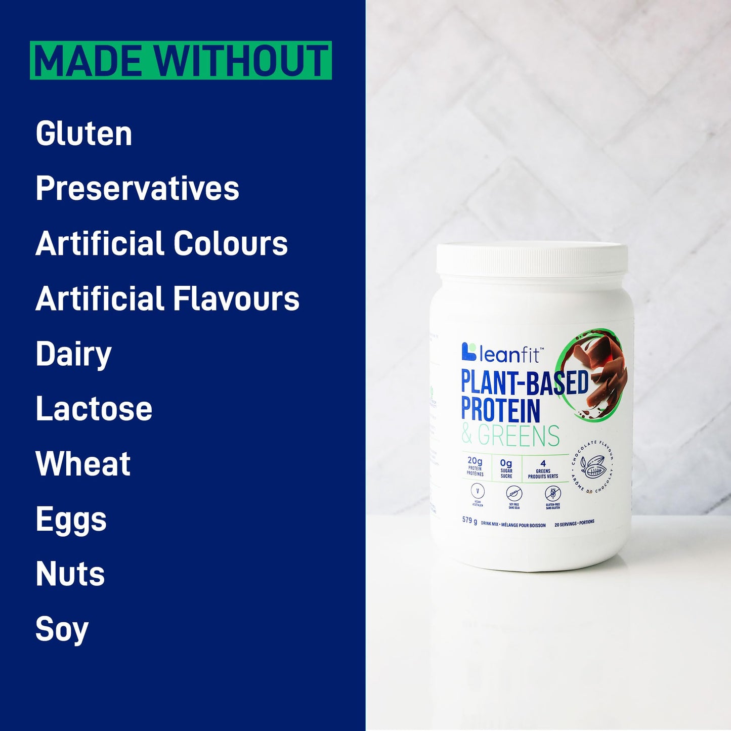 LeanFit Plant-Based Protein & Greens Powder - Natural Chocolate Flavor, 20g Protein + 4 Greens Per Serving, Vegan & Gluten-Free, 20 Servings