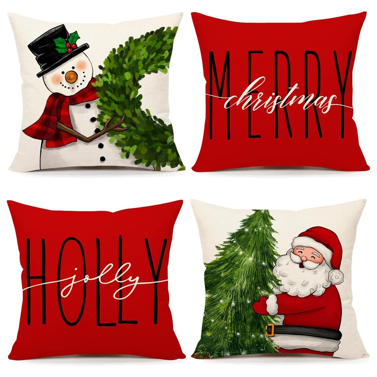 Mevers Christmas Pillow Covers 18x18 Set of 4, Farmhouse Christmas Decorations Snowman Wreath Santa Claus Tree Merry Christmas Holly Jolly Winter Holiday Decor Throw Cushion Case for Home Couch 🍁 All In One Marketplace Canada