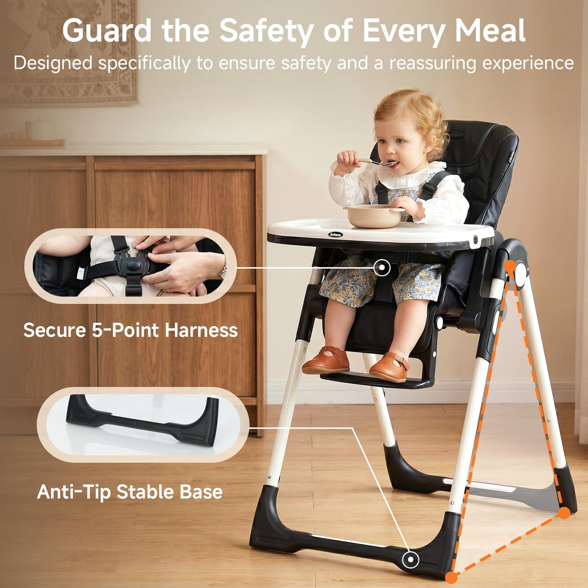 INFANS High Chair for Babies & Toddlers, Foldable Highchair with Multiple Adjustable Backrest, Footrest and Seat Height, Removable Tray, Detachable PU Leather Cushion, Built-in Rear Wheels (Black) (Black)