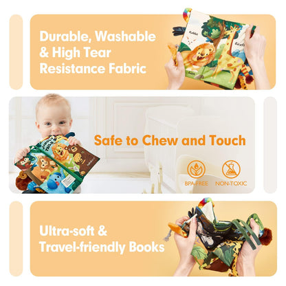 hahaland Baby Book Toy 0 3 6 12 Months - Touch and Feel First Crinkle Cloth Soft Book for Babies 0 Months, Baby Boy Girl Gifts for Newborn Infant - Jungly Tails Theme