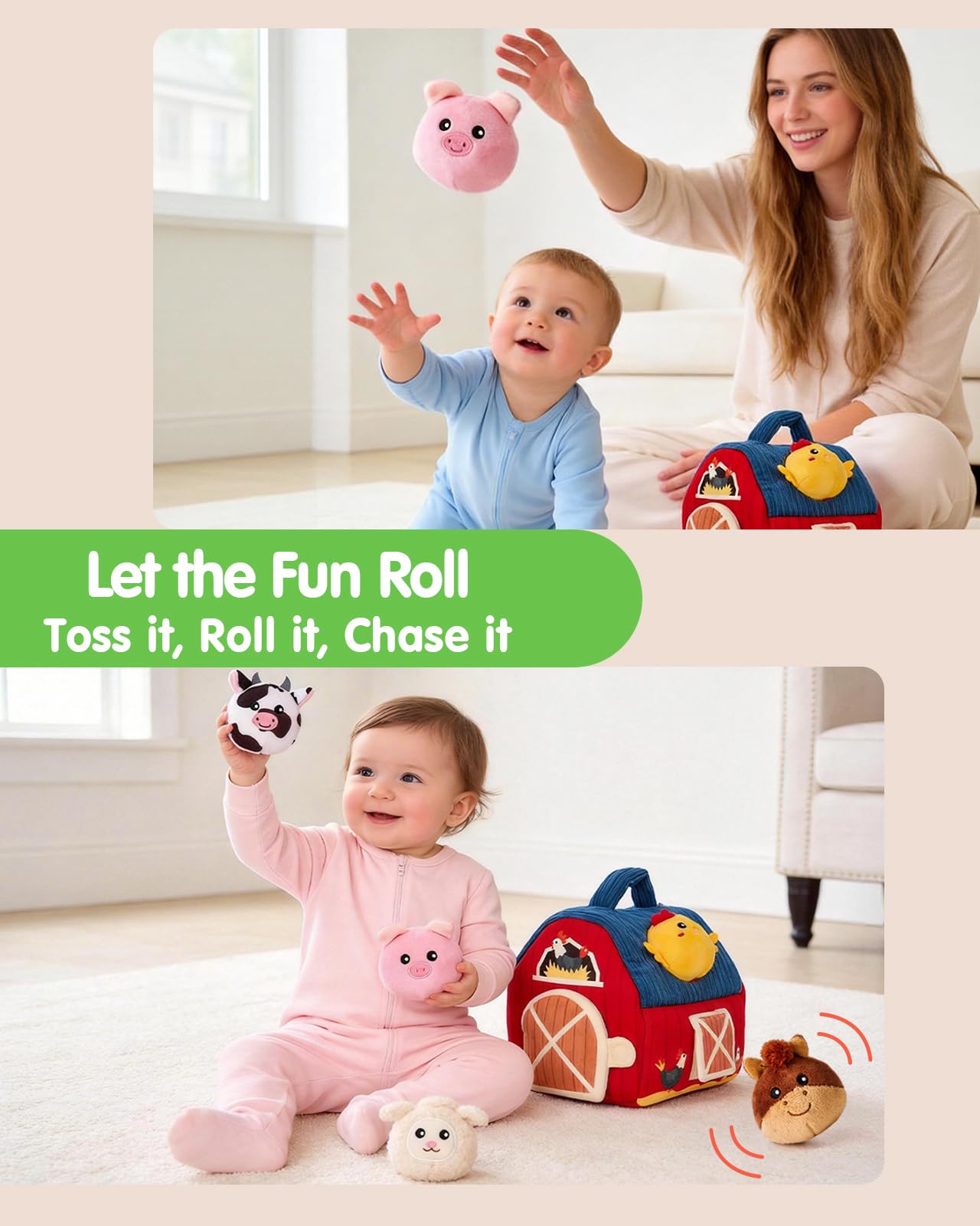 hahaland Montessori Baby Toys 6-12 Months - Surprise Barn with Stuffed Farm Animals Toys for Babies with Rattle & Mirror, Sensory Toys for Babies Boy Girl, Travel Toys for Toddlers 1-3 - Available at All In One Marketplace Canada