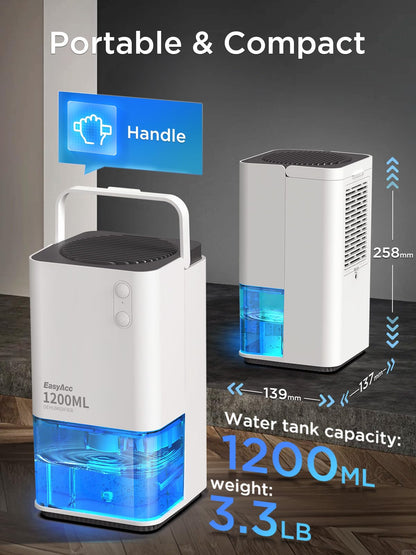 EasyAcc® Dehumidifiers, 40 oz Water Tank, (450sq ft) Quiet Dehumidifiers for RV Bedroom Bathroom Closet Auto Shut off 1200ml Small Dehumidifier with Handle, 7 Lights for Closets Trailer