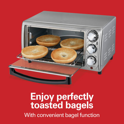 Hamilton Beach 4-Slice Toaster Oven, Stainless Steel, Compact Countertop Oven, Bake, Broil, Toast, Bagel & Keep Warm, 1100W, 31143J