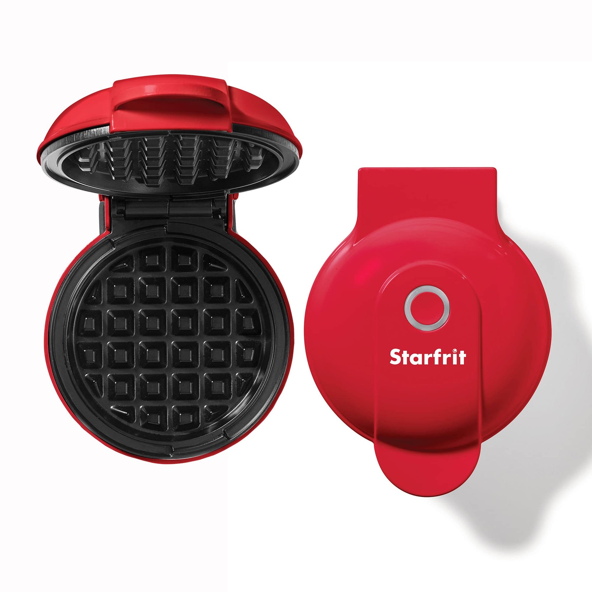 Starfrit Electric Mini Waffle Maker - 4" Non-Stick Cooking Surface - Easy to Use & Clean - Red - 350W - Available at All In One Marketplace Canada
