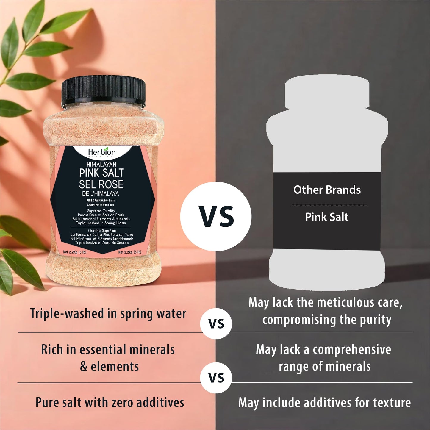 Herbion Naturals Himalayan Pink Salt - Fine Grain - 5 lb. (2.2 Kg) Unbreakable Jar - Kosher Certified - GMO-Free - Vegan - Supreme Quality - Chemical Free