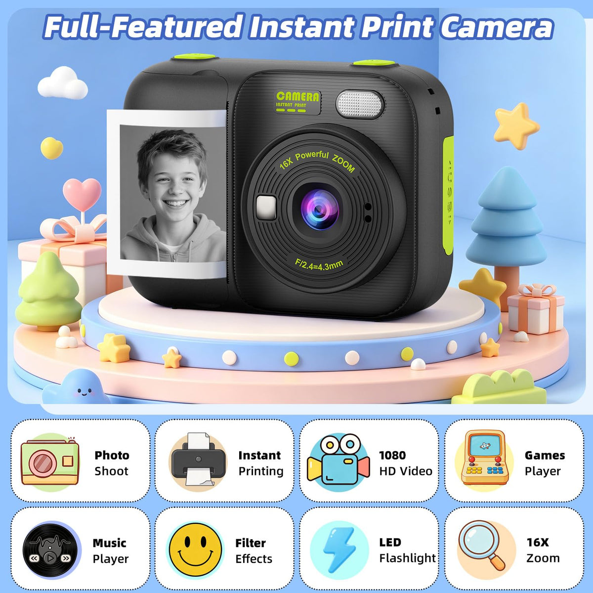 Kids Instant Print Camera with 5 Rolls Print Paper, 1080P HD Camera, Rechargeable Portable Toddler Selfie Camera, Christmas Birthday Gifts Toys for Boys Girls Age 3-12 🍁 All In One Marketplace Canada