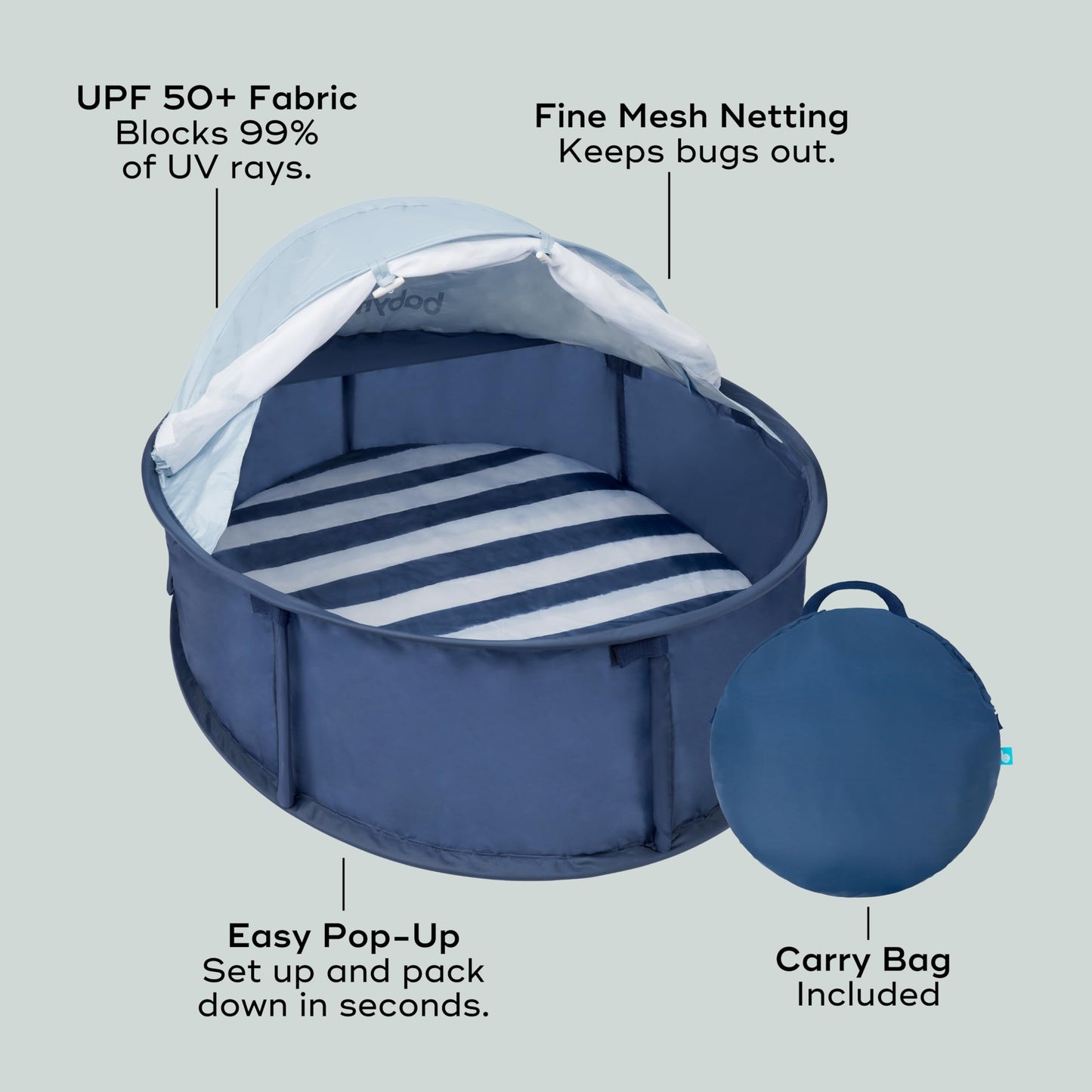 Babymoov Babyni Anti-UV Infant Pop-Up Tent, Portable Baby Beach Shelter with UPF 50+ Sun Protection, Ventilated Outdoor Canopy, Floor Mat, Sensory Details & Travel Bag, Marine Babymoov