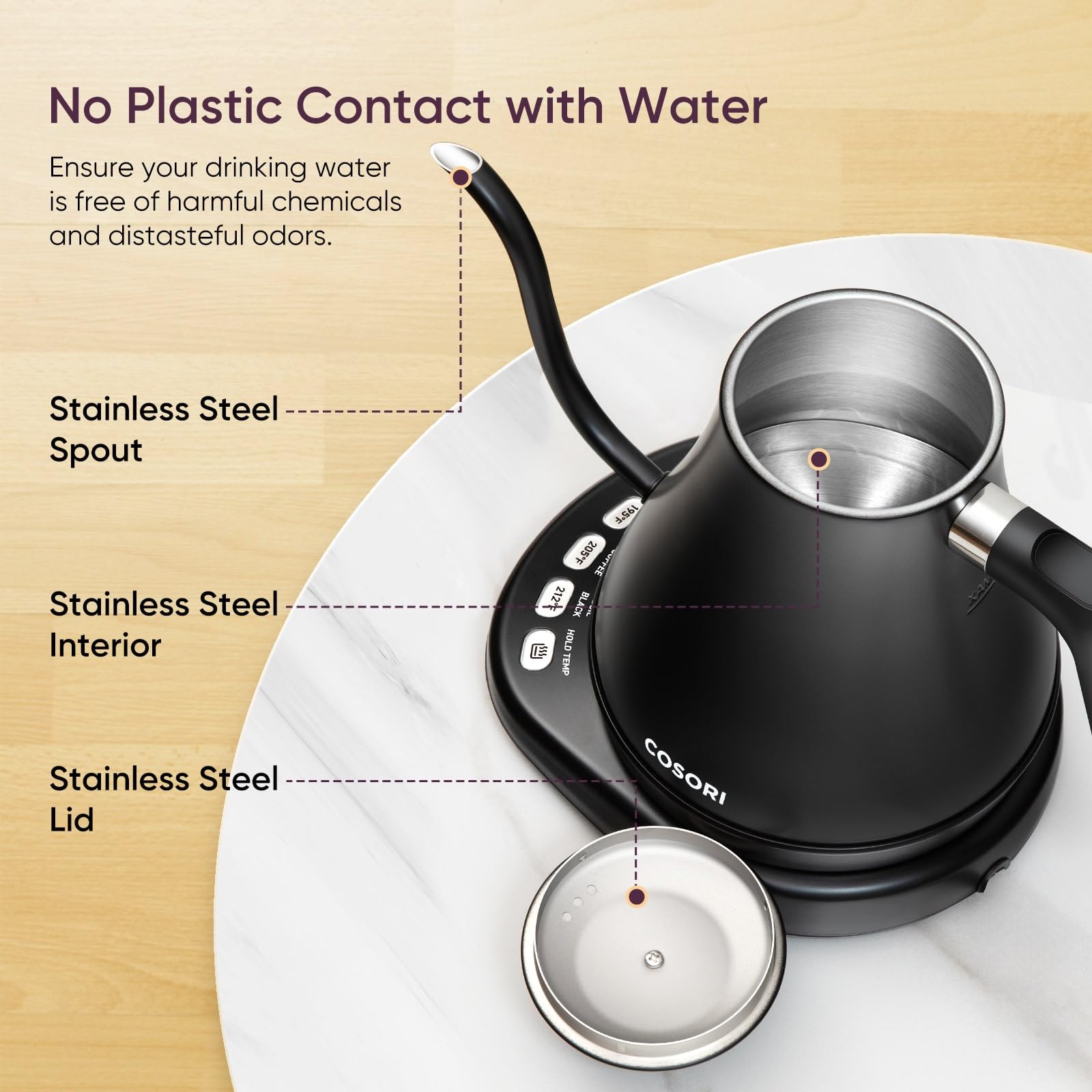 Cosori Electric Gooseneck Kettle,5 Temperature Control Presets, Pour Over Kettle for Coffee & Tea, 1200W Fast Heating, 100% Stainless Steel Inner Lid & Bottom, Tea Kettle, 0.8L/Matte Black