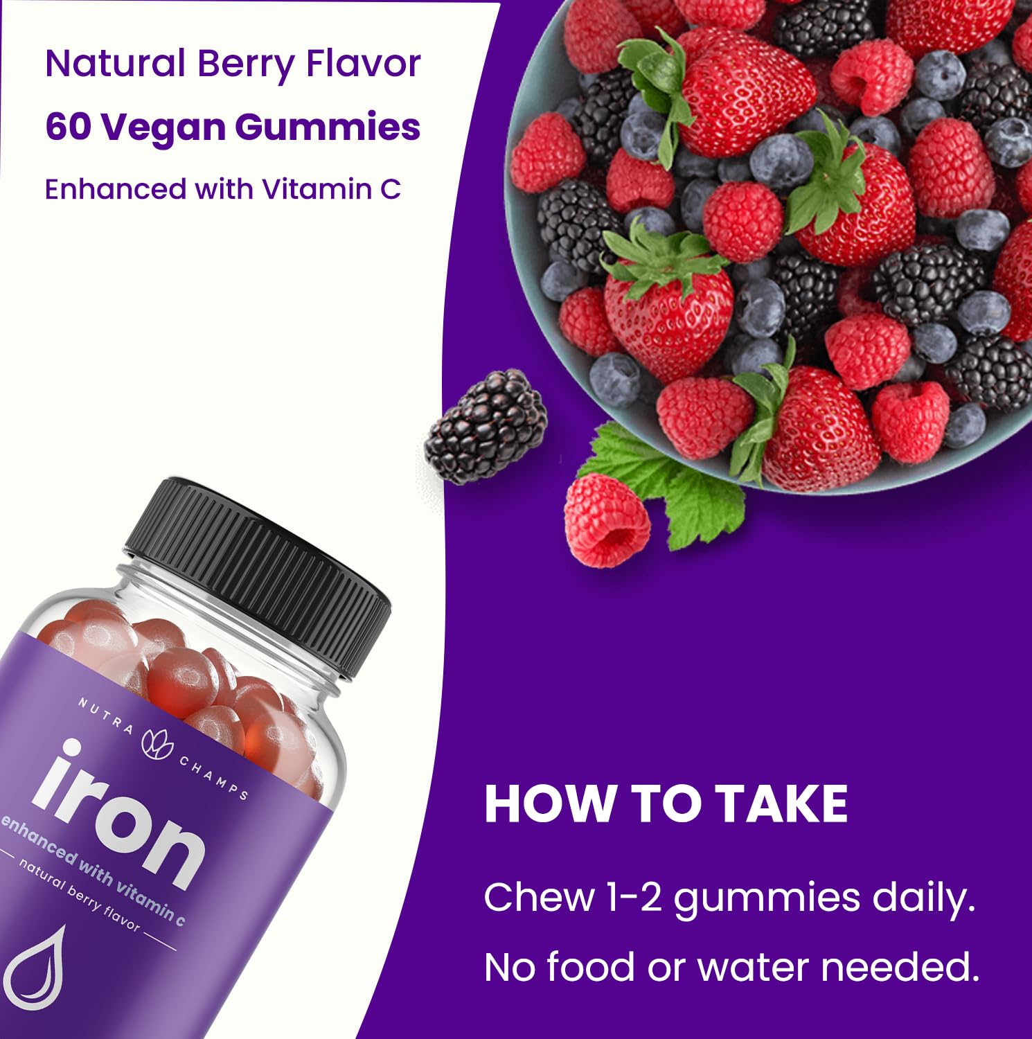 Iron Gummies with Vitamin C | 10mg Iron Per Gummy | Iron Supplements for Women & Men | Vegan Gummies | Blood Cell Formation Support | Energy, Focus, Immune Support | Vegan & Non-GMO (1) - Available at All In One Marketplace Canada