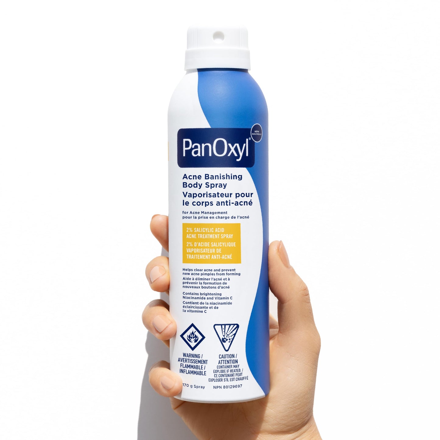 PanOxyl Acne Banishing Body Spray with 2% Salicylic Acid, Pimple Treatment to Help Clear Stubborn Breakouts, 360-Degree Spray Nozzle, Skin-Brightening Niacinamide, Vitamin C, Witch Hazel, Aloe, 170g