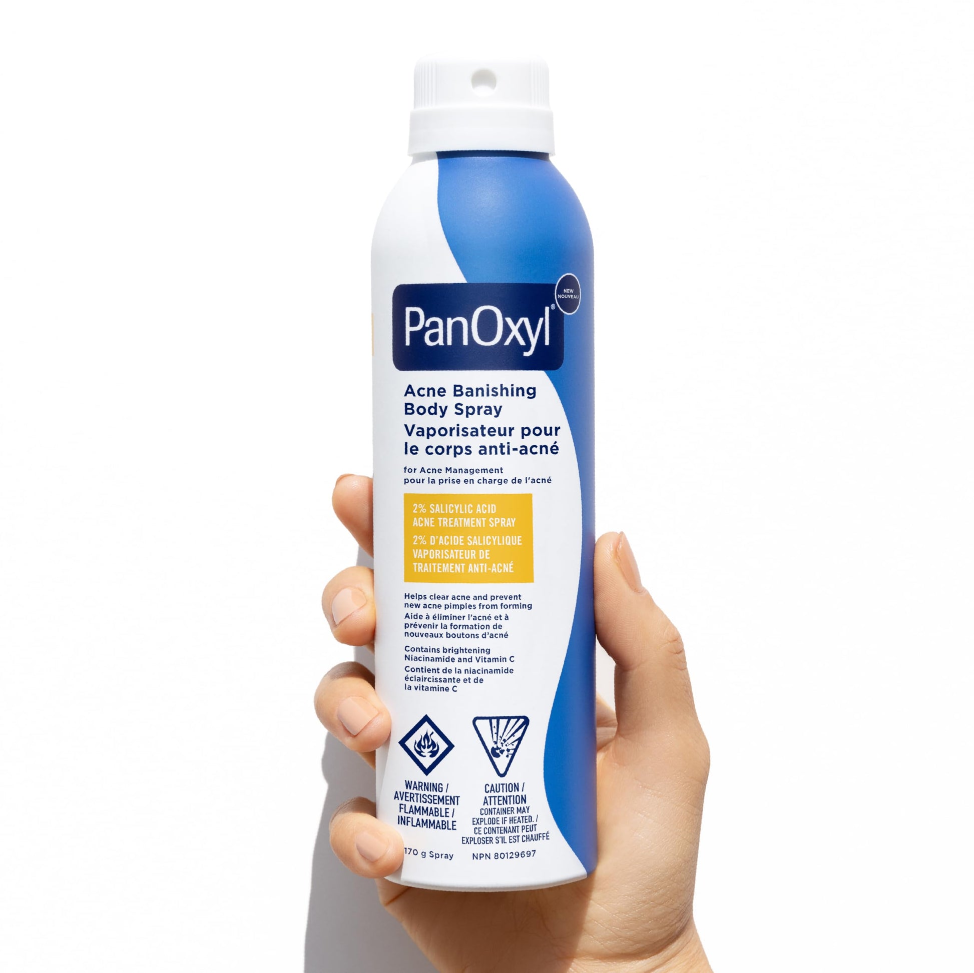 PanOxyl Acne Banishing Body Spray with 2% Salicylic Acid, Pimple Treatment to Help Clear Stubborn Breakouts, 360-Degree Spray Nozzle, Skin-Brightening Niacinamide, Vitamin C, Witch Hazel, Aloe, 170g