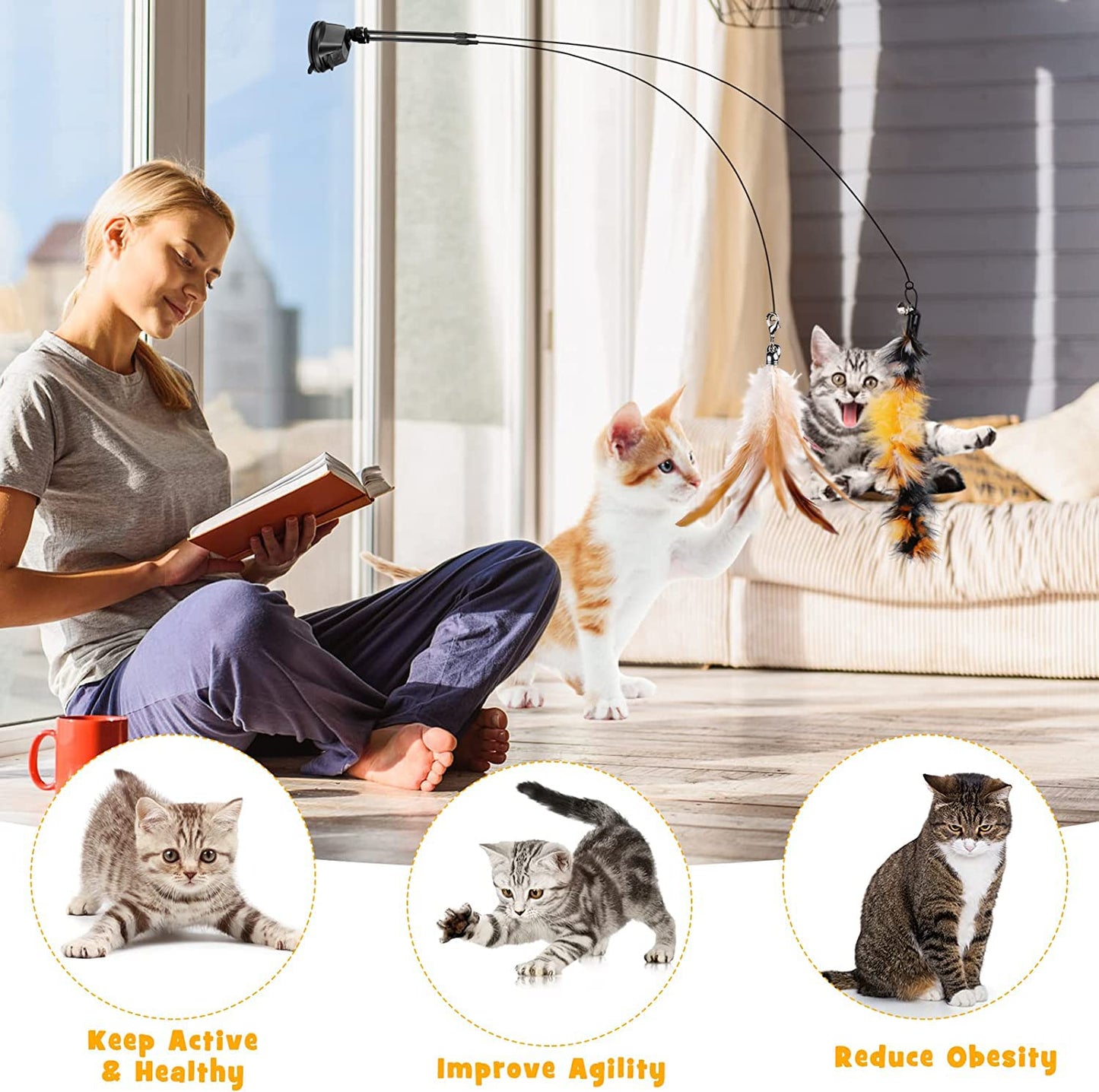 Cat Feather Toys, Cat Toys Wand, Interactive Cat Toy with Super Suction Cup, 2 PCS Cat Wand Toy and 6 PCS Feather Replacements with Bell, Interactive Cat Toy Kitten Toys for Indoor Play Chase Exercise (Natural)