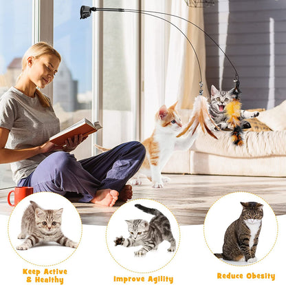 Cat Feather Toys, Cat Toys Wand, Interactive Cat Toy with Super Suction Cup, 2 PCS Cat Wand Toy and 6 PCS Feather Replacements with Bell, Interactive Cat Toy Kitten Toys for Indoor Play Chase Exercise (Natural)