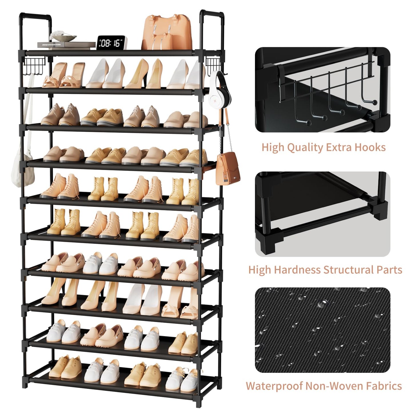 10 Tier Shoe Rack, Large Capacity Tall Shoe Storage Organizer Holds 50-55 Pairs Shoes and Boots, Vertical Shoe Shelf Cabinet with Versatile Hooks for Closet Entryway Garage Bedroom - Available at All In One Marketplace Canada