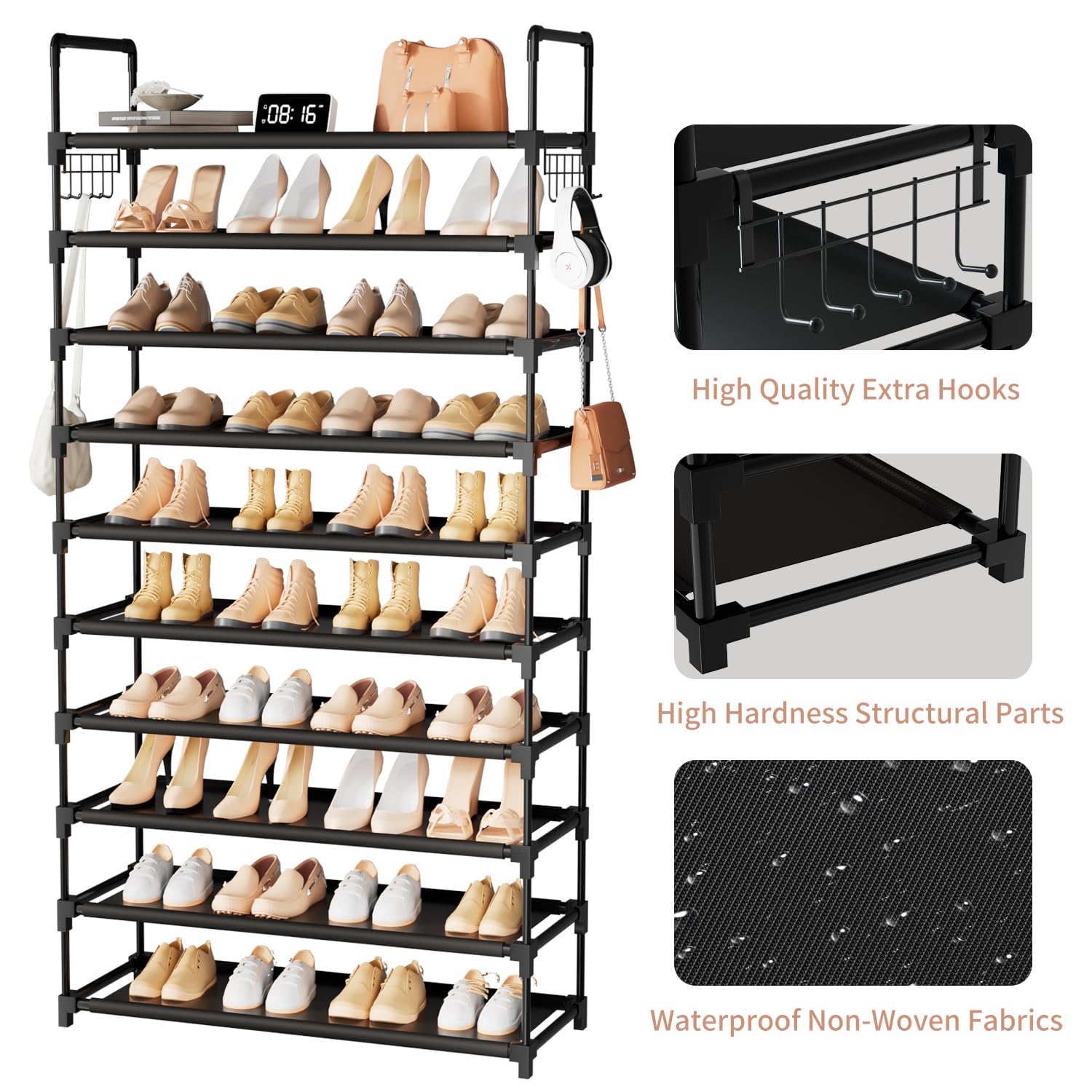 10 Tier Shoe Rack, Large Capacity Tall Shoe Storage Organizer Holds 50-55 Pairs Shoes and Boots, Vertical Shoe Shelf Cabinet with Versatile Hooks for Closet Entryway Garage Bedroom - Available at All In One Marketplace Canada