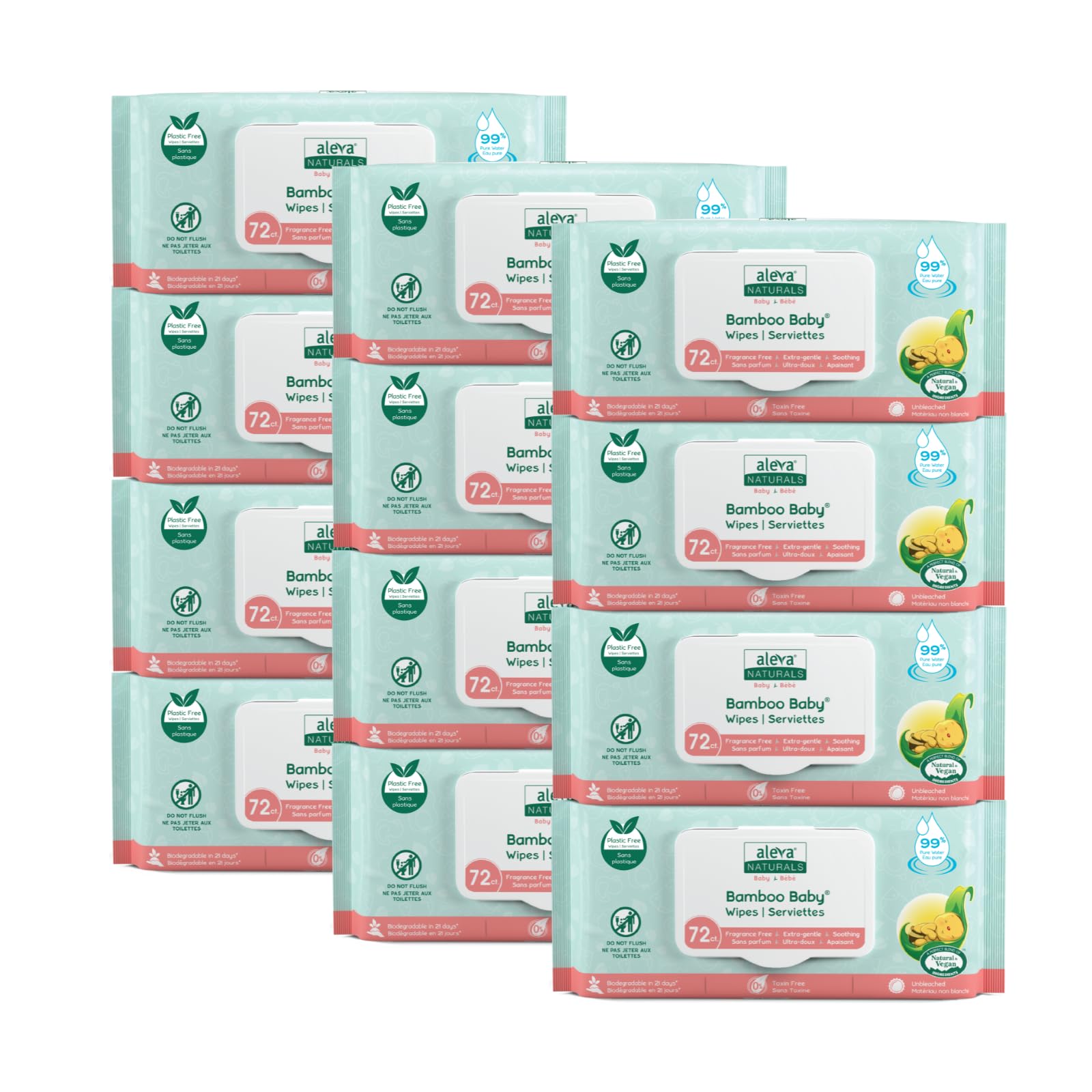 Aleva Naturals Hypoallergenic Bamboo Baby Wipes for babies with Sensitive Skin, Super Soft, Biodegradable, Extra Strong, Natural and Organic Formula, Vegan - New Eco-Friendly, Sustainable Packaging- Mega Pack- 72 Count X 12 = 864 Wipes Total Aleva Naturals