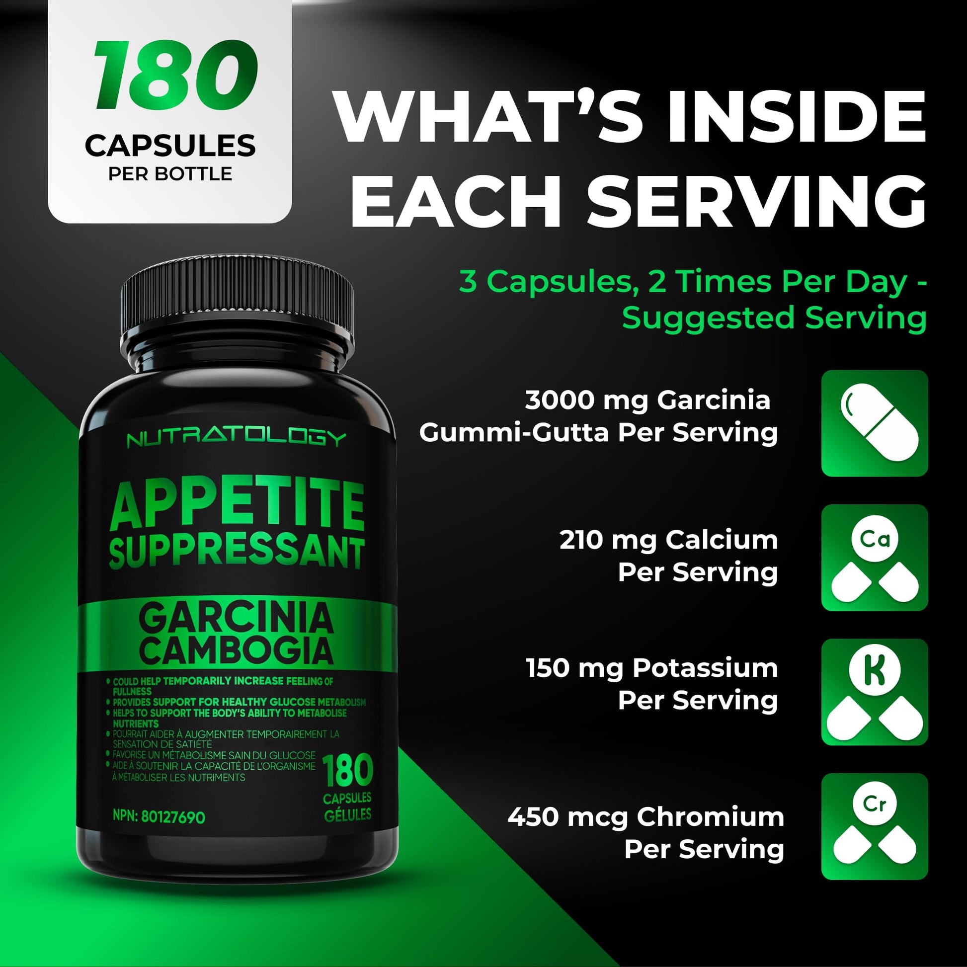 Nutratology® Garcinia Cambogia Appetite Suppressant Weight Loss For Women & Men | Canadian-Made | 500 MG Per Capsule | 60% HCA - Increase Feelings of Fullness & Maintain Blood Sugar Levels - 180 Count - Available at All In One Marketplace Canada