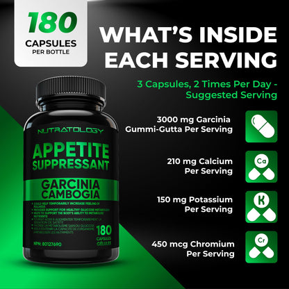 Nutratology® Garcinia Cambogia Appetite Suppressant Weight Loss For Women & Men | Canadian-Made | 500 MG Per Capsule | 60% HCA - Increase Feelings of Fullness & Maintain Blood Sugar Levels - 180 Count - Available at All In One Marketplace Canada