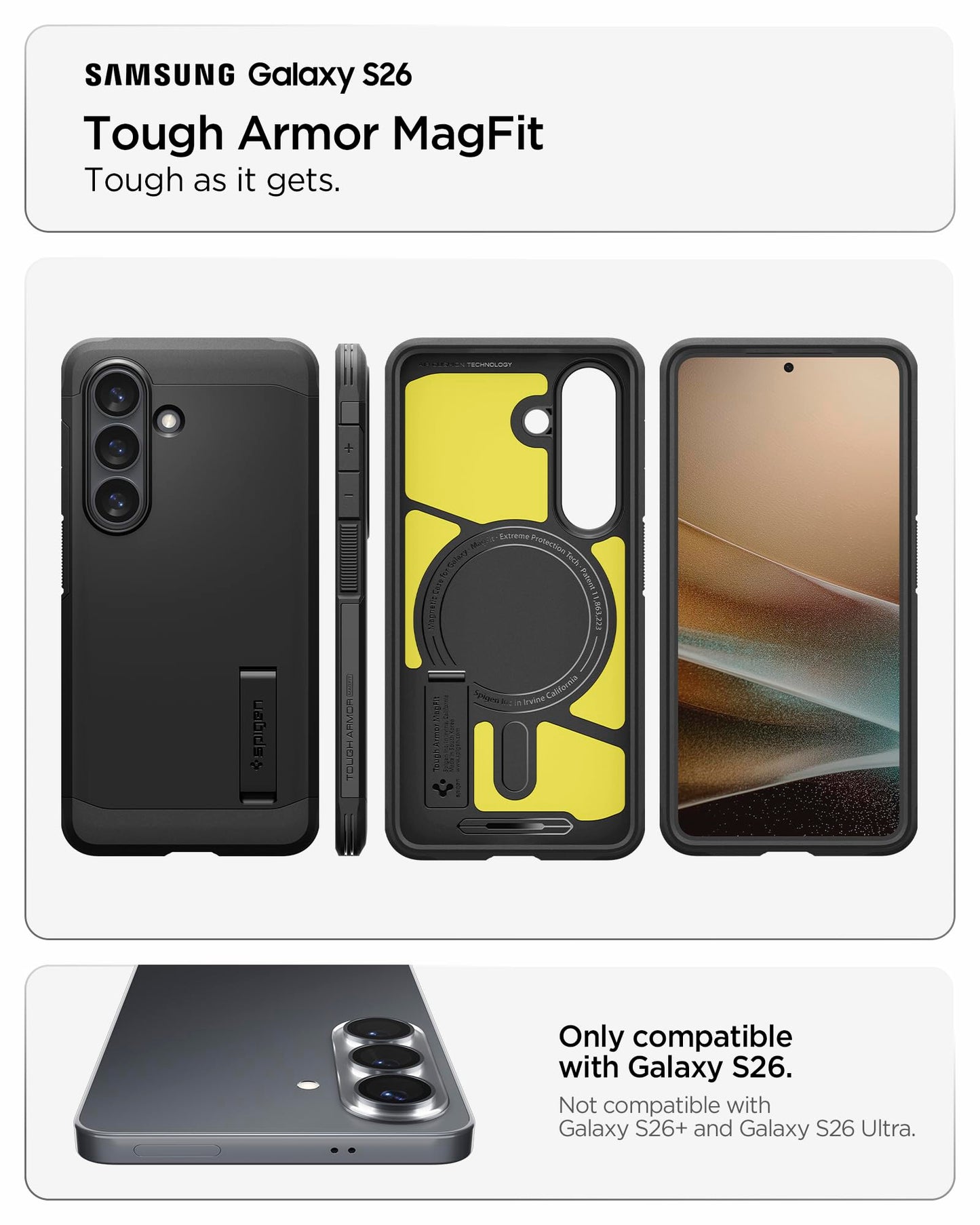 Spigen Case for Galaxy S26 Case, Full Camera Protection, Built-in Magnetic Ring, Drop Protection, Tough Armor MagFit Designed for Samsung Galaxy S26 - Black