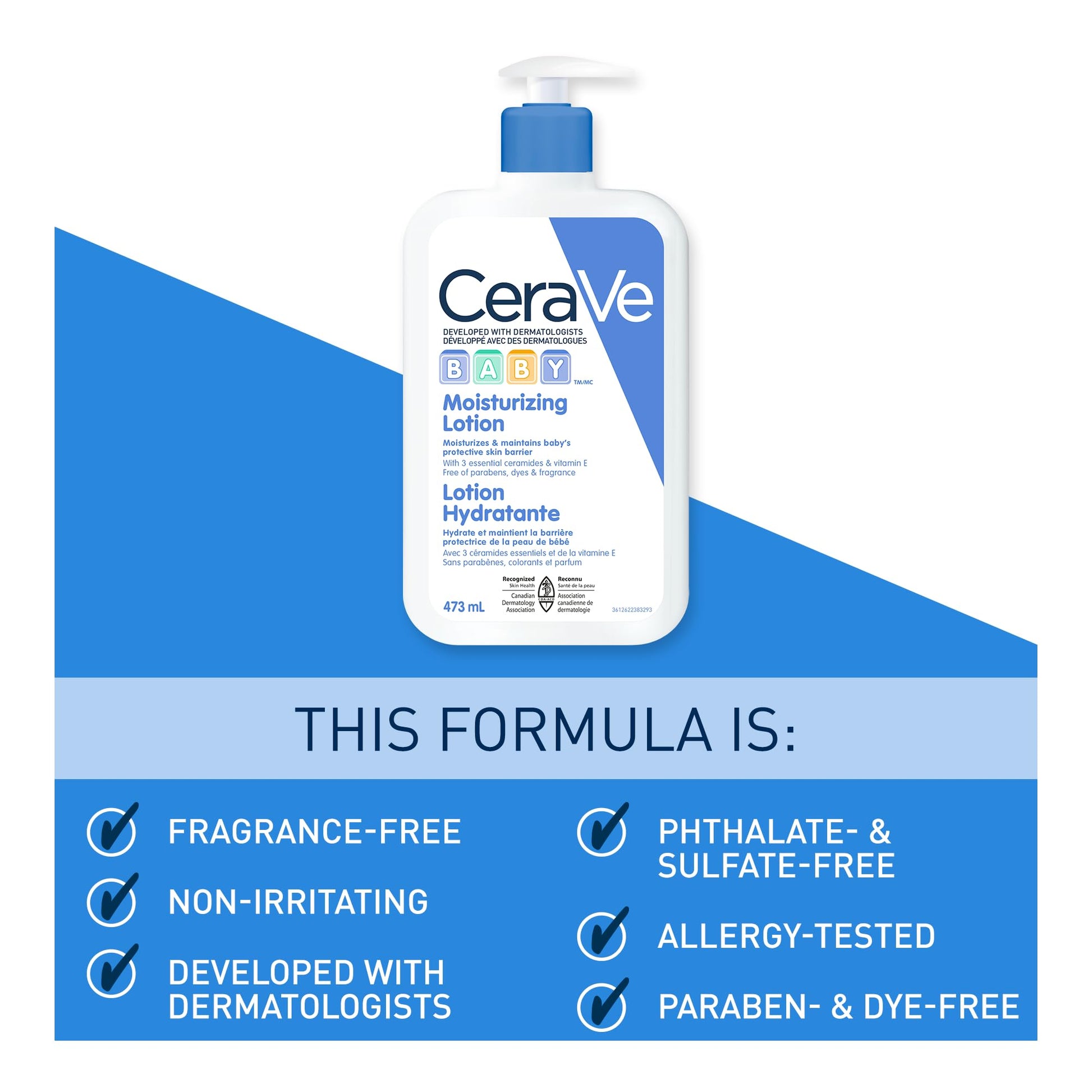 CeraVe BABY Moisturizing Lotion, Gentle Skin Care for Face & Body with Ceramides, Hyaluronic Acid, Niacinamide & Vitamin E. Fragrance-Free, Paraben-Free, Dye-free. Sensitive skin, non-greasy, 473ML