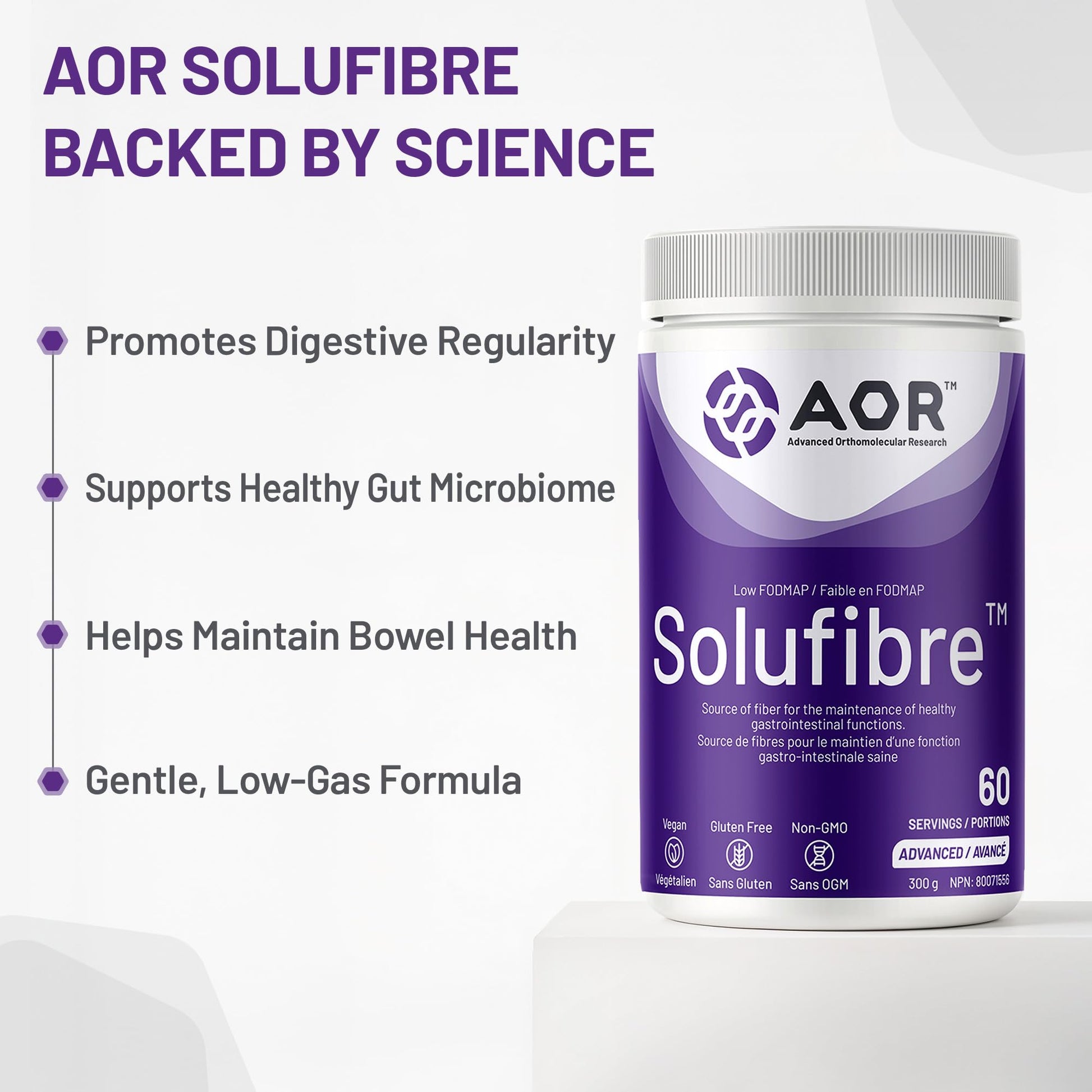 AOR - SoluFibre Powder, 300g 60-Servings - Partially Hydrolyzed Guar Gum Sunfiber for Digestive Comfort & Regularity - Vegan, Non-GMO & Gluten-Free - Gentle Prebiotic Fiber Supplement - Soluble Fiber - Available at All In One Marketplace Canada