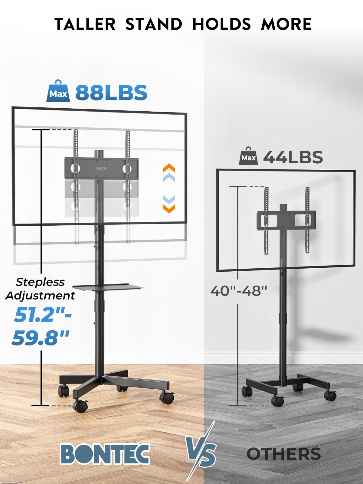 BONTEC Mobile TV Stand, Rolling TV Stand for 23-60 Inch Screens, Adjustable Floor TV Stand with Locking Wheels and Media Shelf, Compatible with VESA 100x100mm to 400x400mm, Holds up to 88 lbs, Black